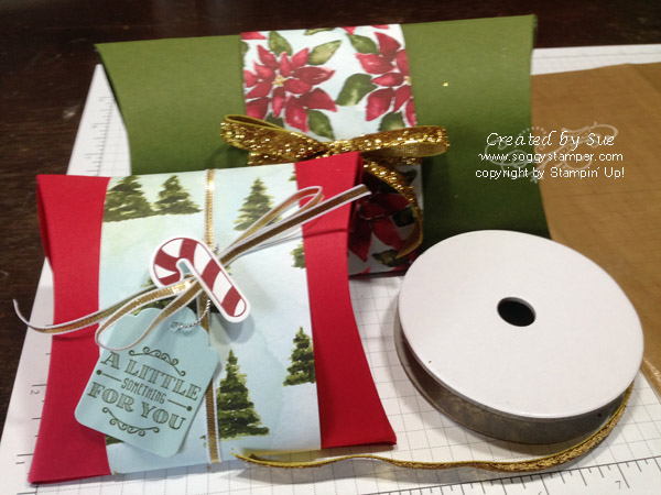 Christmas pillow bozes using Stampin' Up! Square Pillow Box Dies