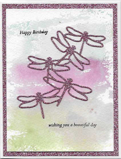 Birthday card created with Detailed Dragonfly Thinlit Dies and Watercolor Wash stamp set