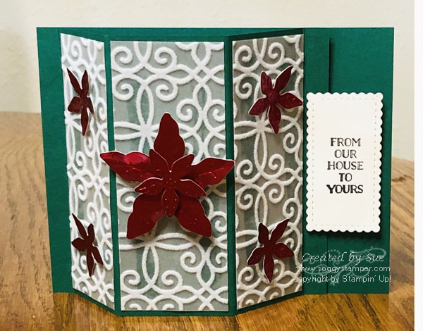 photo is of Poinsettia Bay Window Fancy Fold card created with the Bay Window Fancy Fold technique and Plush Poinsettia specialty paper