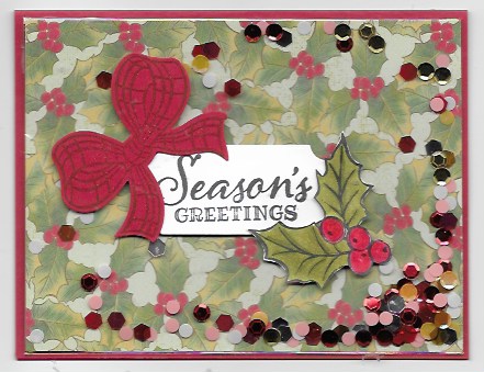 Easy and quick shaker card using the  Poinsettia Place designer series paper, Gift Wrapped stamp set, Christmas Gleaming stamp set, and Poinsettia Petals stamp set