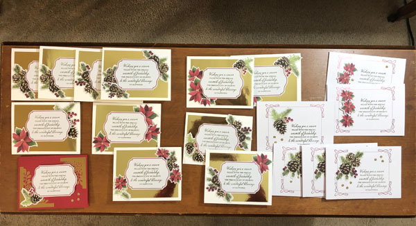 Photo shows an additional 14 cards created with Joy of Sharing Card Kit elements.
