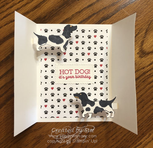 photo shows handmade birthday card using Hot Dog stamp set with the card opened