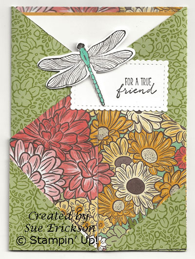 Dragonfly Gatefold card using a different pattern of Ornate Garden Specialty Designer Series paper.