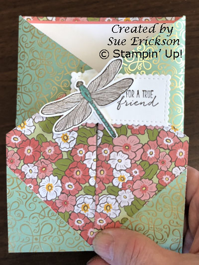 Gatefold card created with the Ornate Garden Specialty Designer Series paper and Dragonfly Garden stamp set.