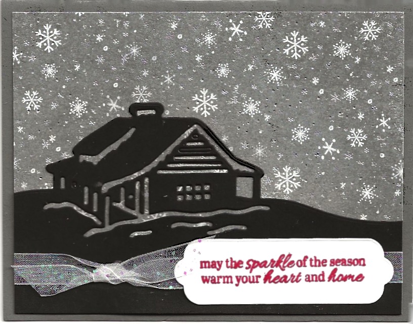 Image is of a Christmas card created with the silhouette dies of Cabin Dies.