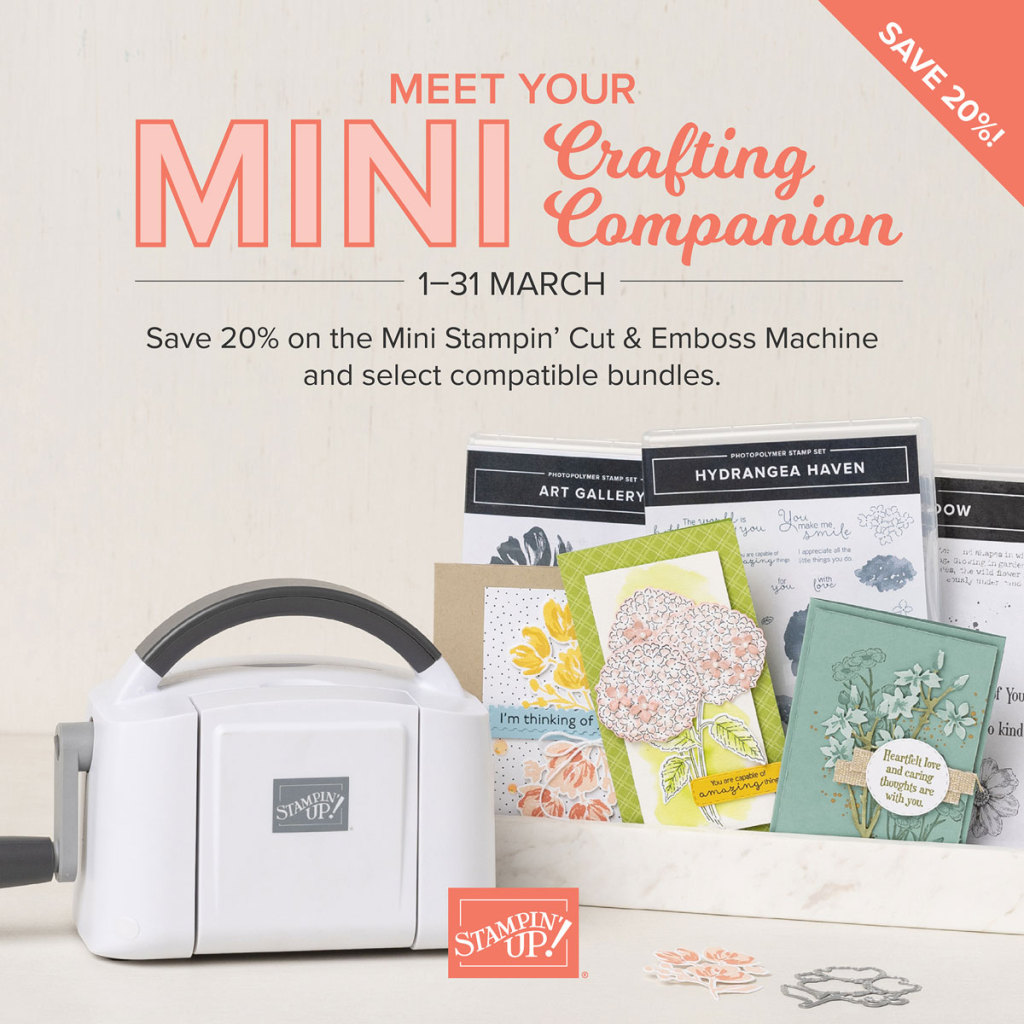 photo of the Mini Stampin' Cut & Emboss machine and several of the stamp bundles that are on sale