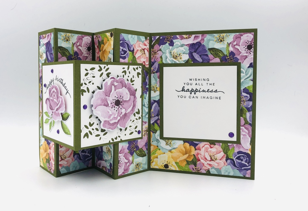 Beautiful WV Fold card with images cut from the purple flowers in the Hues of Happiness Designer Series Paper