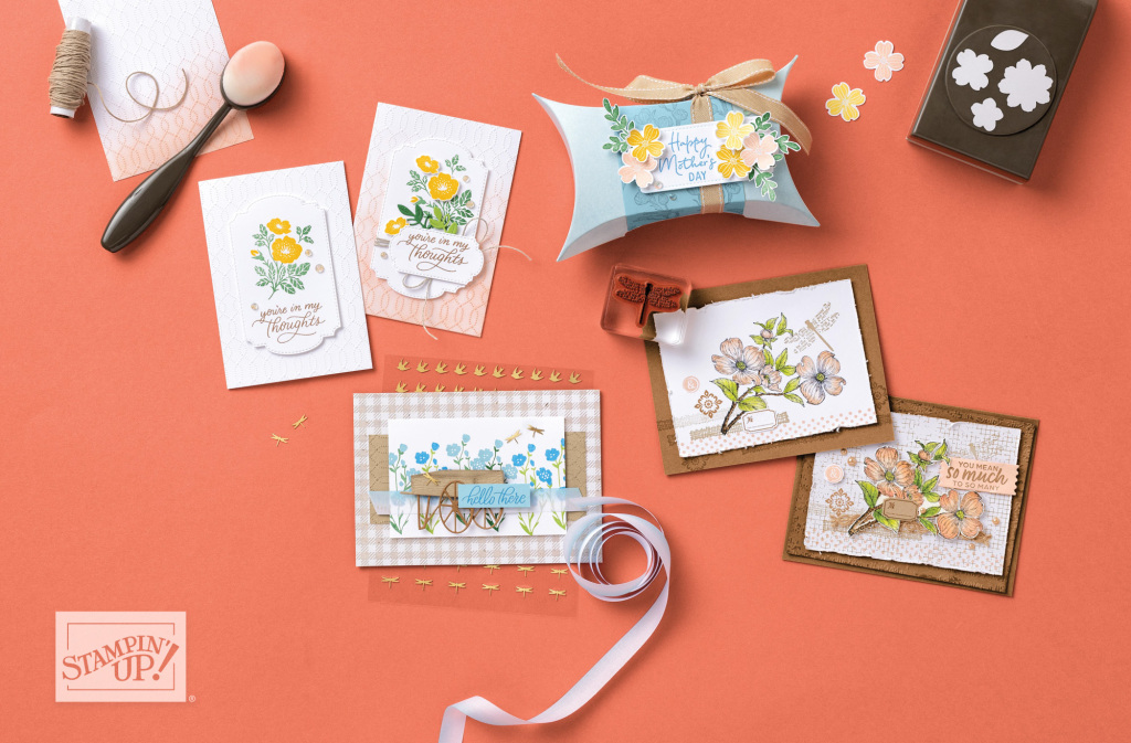 this page shows projects made with the Softly Sophisticated and Detailed Dogwood stamp sets