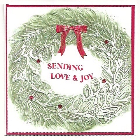 handmade Christmas Card created with inking the debossed side of the Traditional Wreath 3D embossing folder